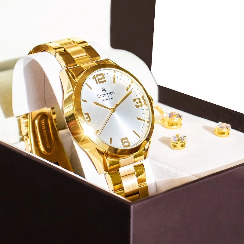 Champion Women's Gold Waterproof Watch + Earrings and Necklace Kit One Year Warranty