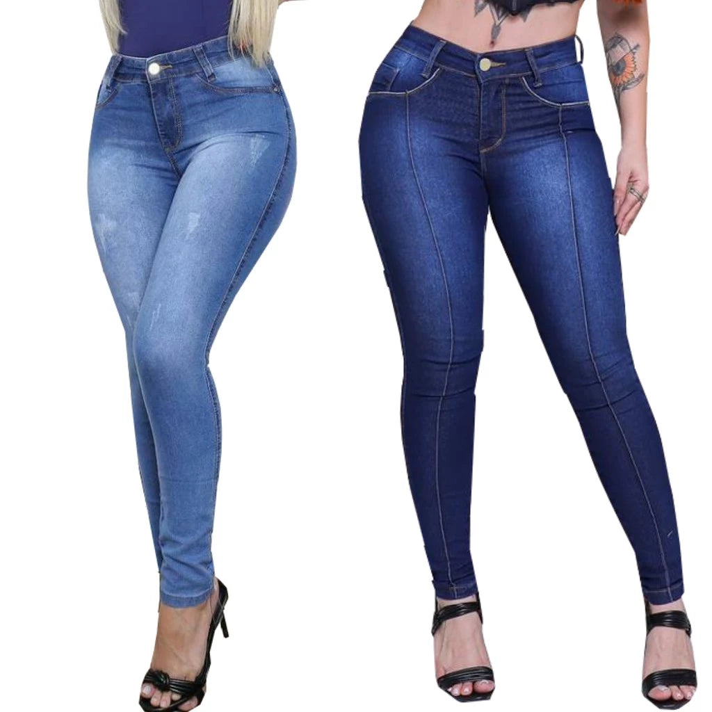 Kit 2 Calças Cós Alto Jeans Feminino Com Elastano Até o Umbigo Skinny Veste bem Modelagem Levanta Bumbum