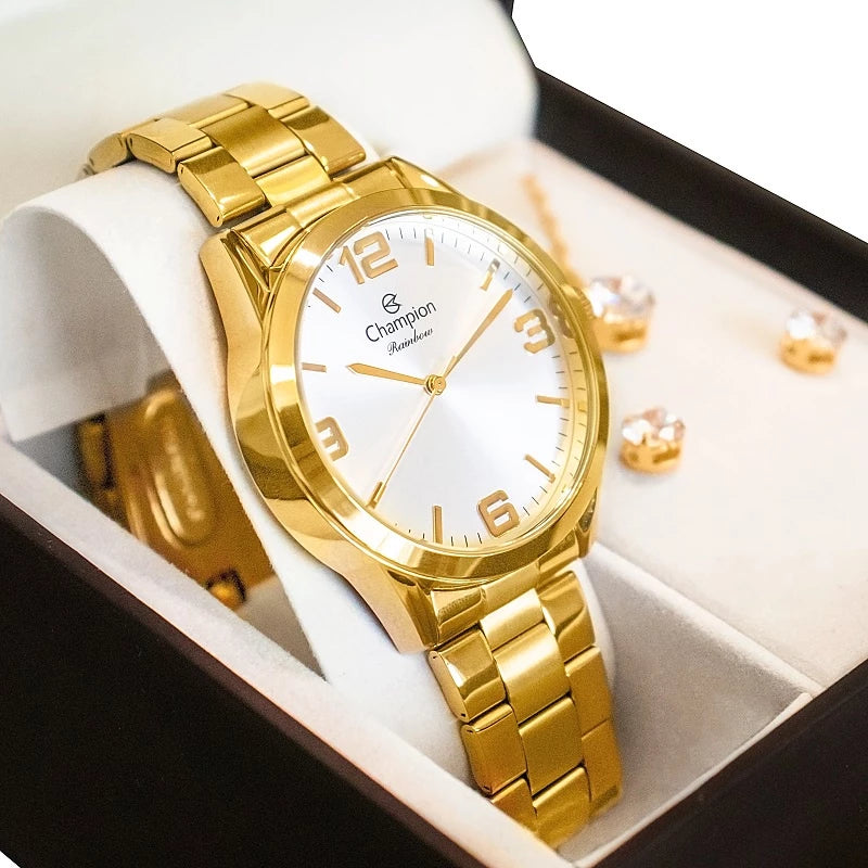 Champion Women's Gold Waterproof Watch + Earrings and Necklace Kit One Year Warranty