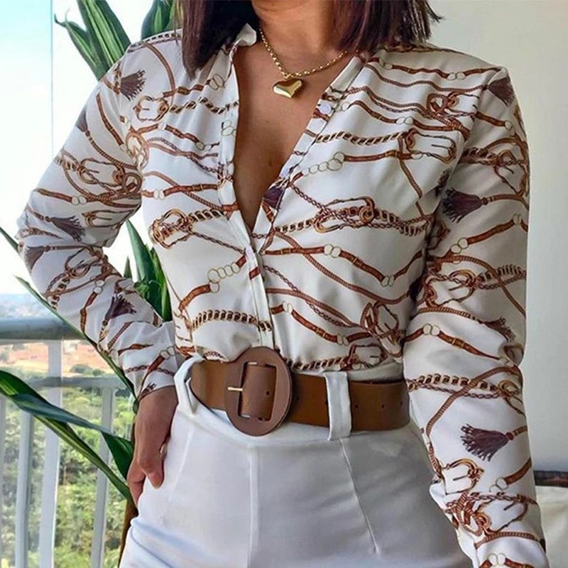 Women's Printed Long Sleeve V-Neck Blouse