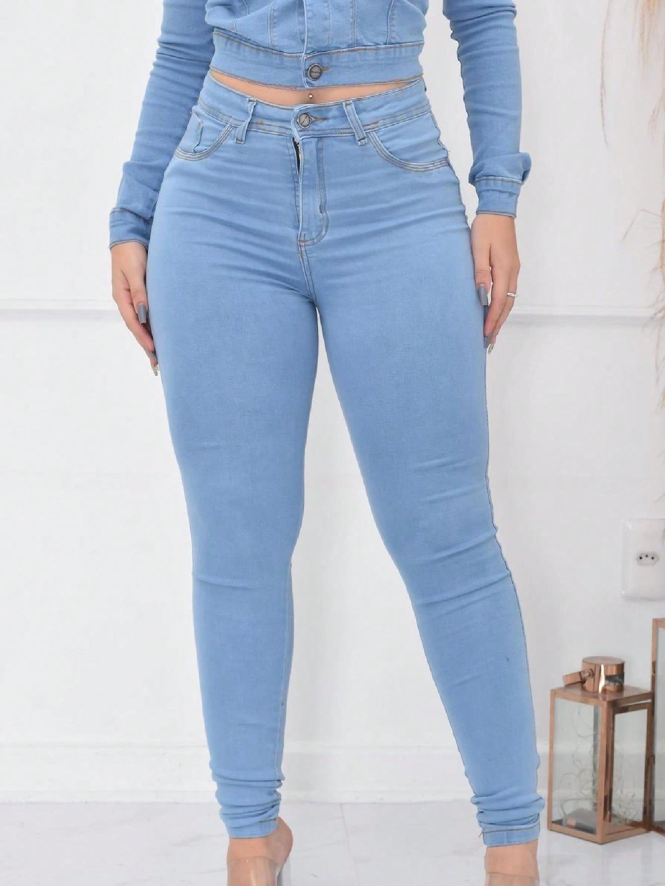 Calça Jeans Azul Clara Premium Cintura Alta Com Elastano