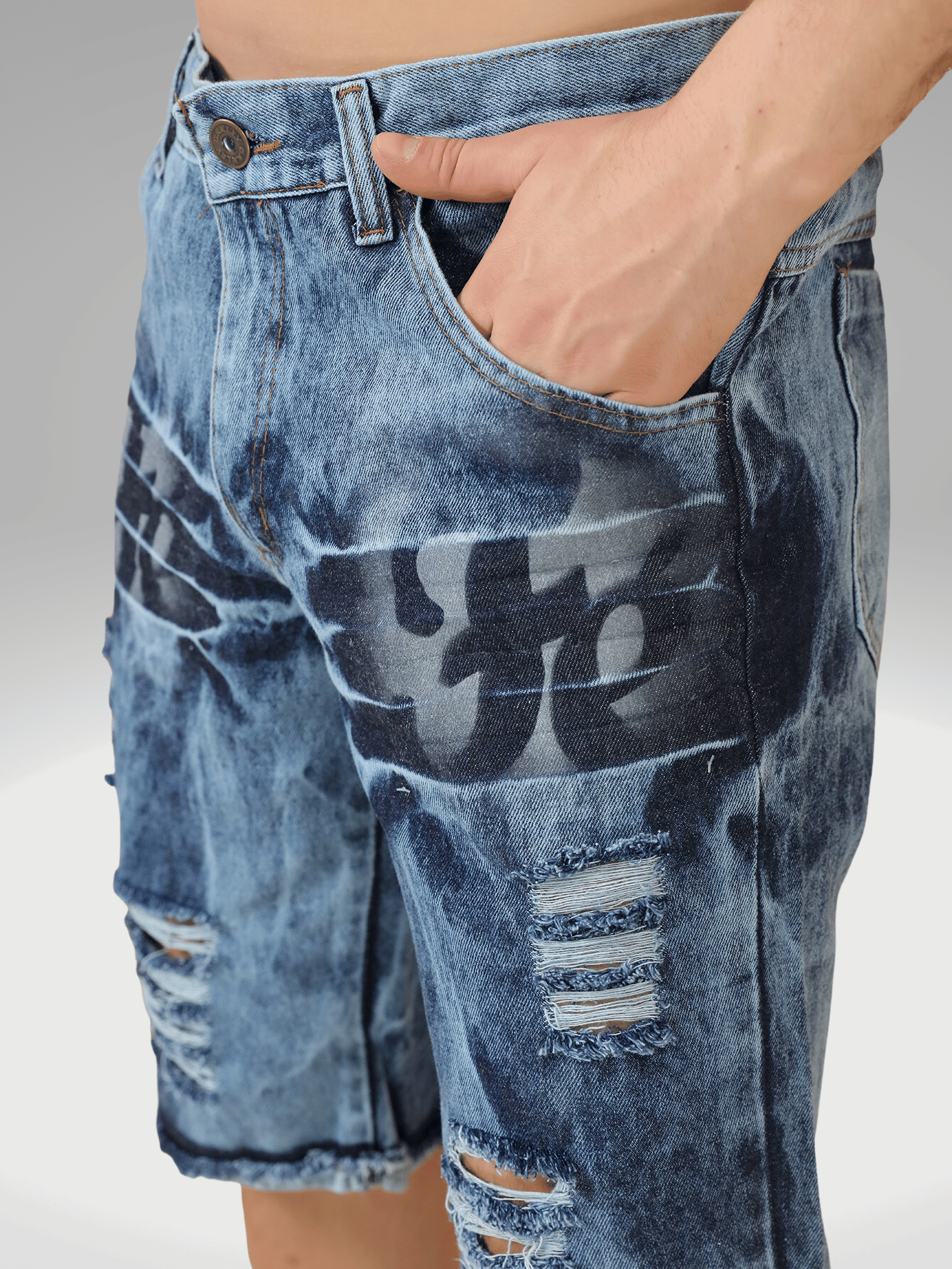 Bermuda Maculina Jeans Destroyed Detalhes Estampa FÉ