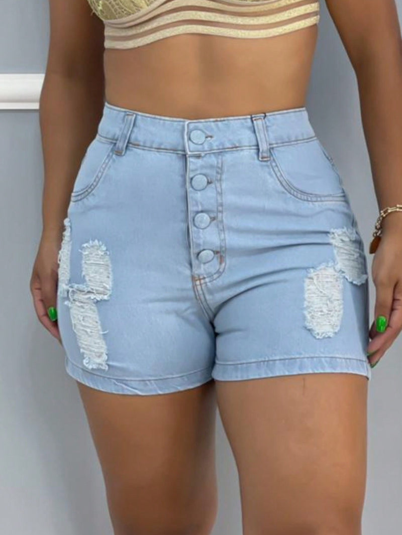 Shorts Jeans Feminino Curto Cintura Alta Empina Bumbum Detalhe Puídos Tecido Premium