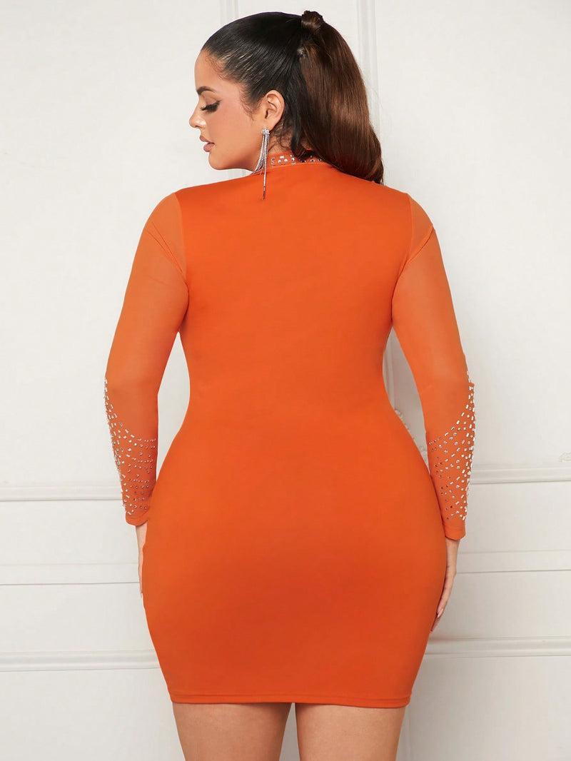 SXY Vestido Feminino Plus Size Em Malha Enfeitada Com Strass