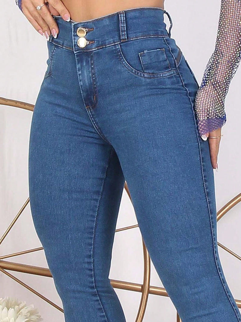 Calça Jeans feminina botão duplo muita Lycra jeans Premium cintura alta elástico levanta bumbum