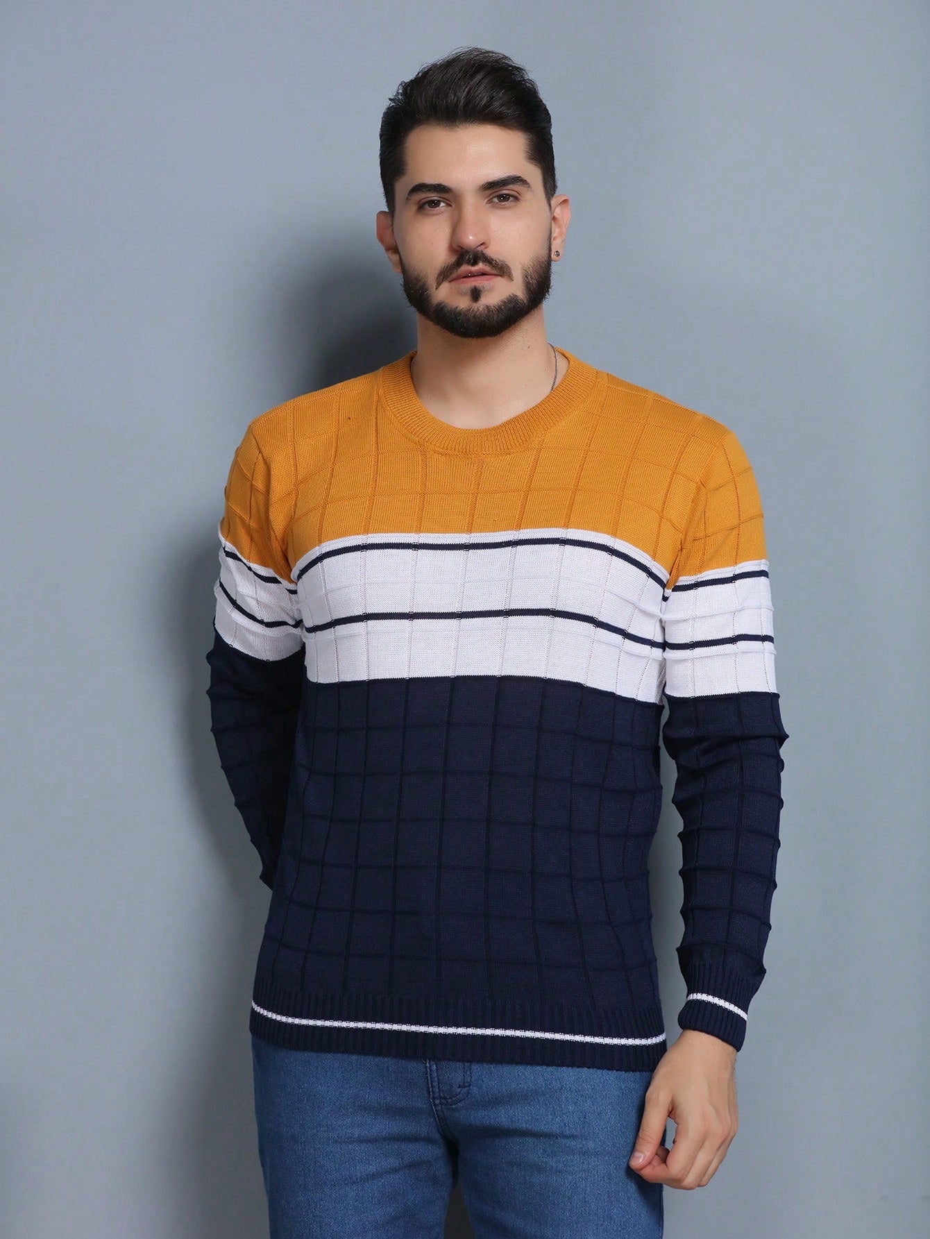 Sueter tricot masculino blusa de frio gola redonda manga longa blusa de Lã