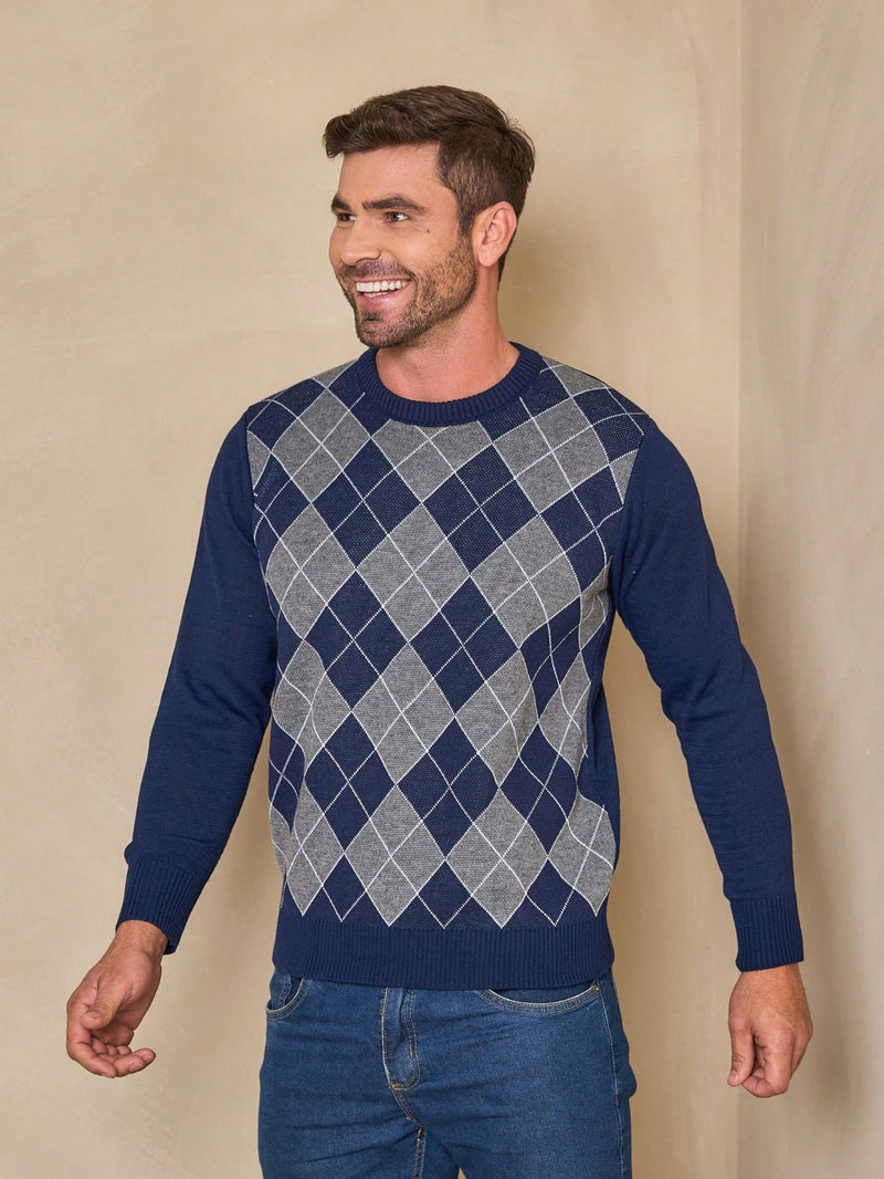 TRICOT DE LUXO Sueter tricot malha xadrez blusa masculina inverno