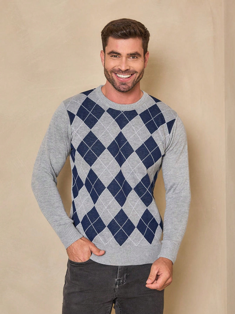 TRICOT DE LUXO Sueter tricot malha xadrez blusa masculina inverno