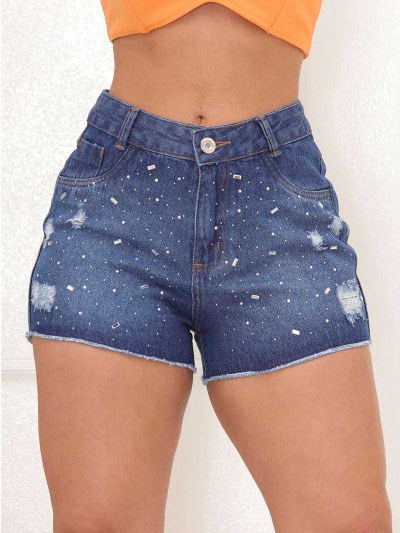 SHORTS JEANS FEMININO CINTURA ALTA COM APLIQUE DE BRILHO STRASS