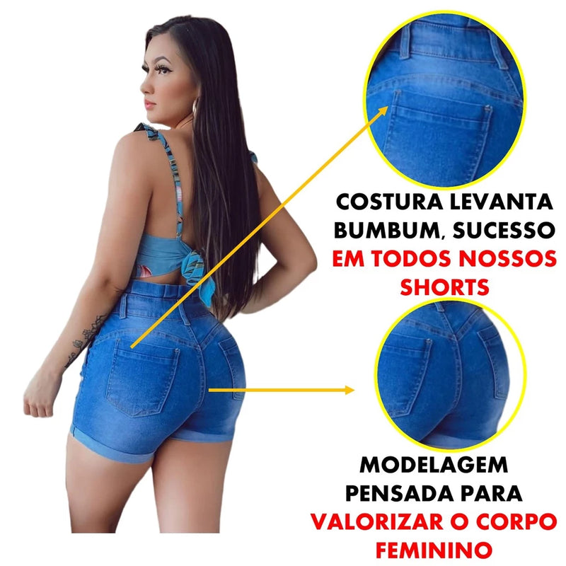 Short Bermuda Jeans Feminino Cinturex e Barra Dobrada Cintura alta com lycra e levanta bumbum, Material Premium