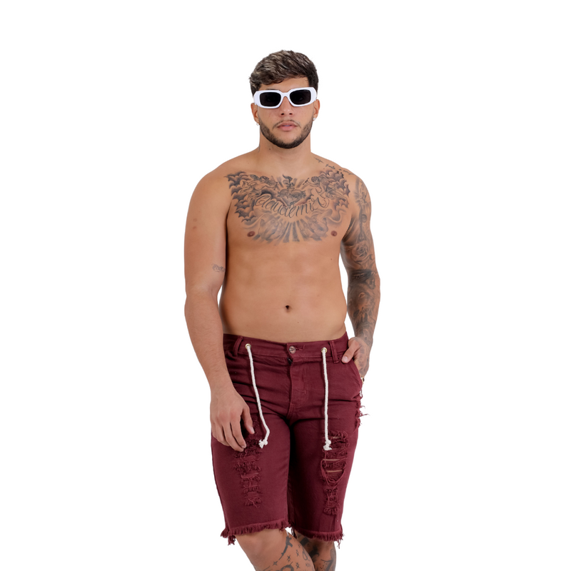 Short Jeans Masculino Rasgado Vermelho