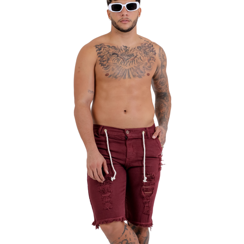 Short Jeans Masculino Rasgado Vermelho