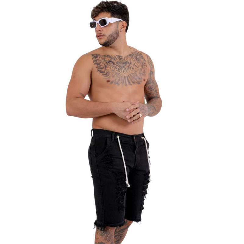 Short Jeans Masculino Rasgado Preto