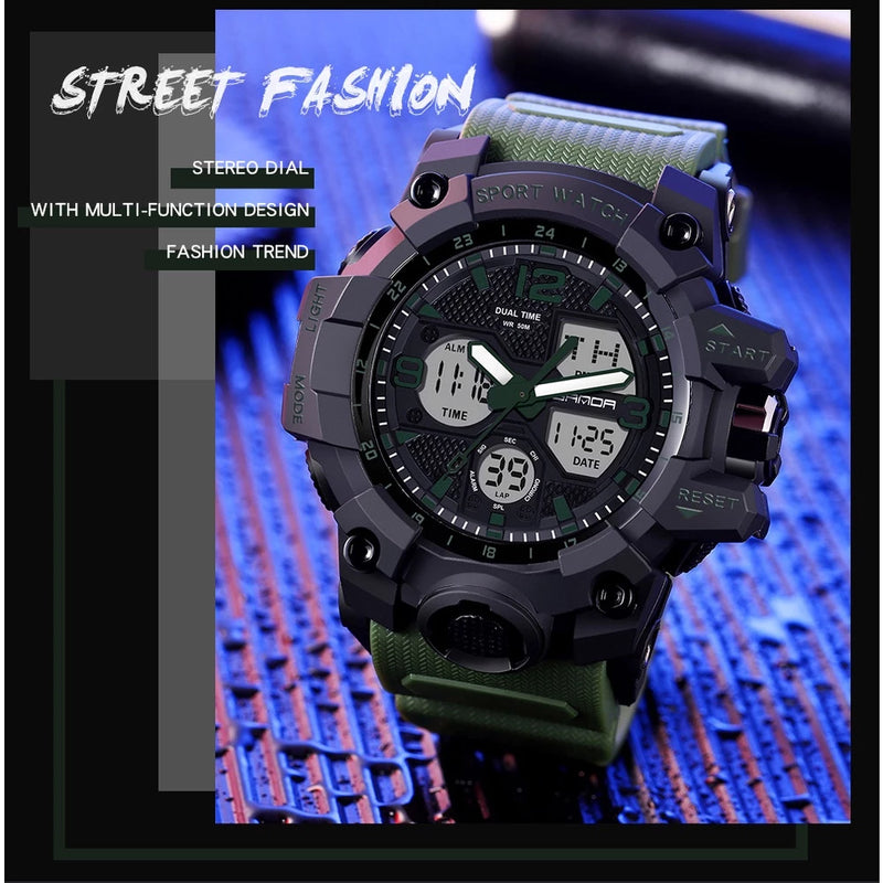 SANDA Brand Men's Watch Sport Waterproof Military Wrist Dual Display Digital Watch for Man