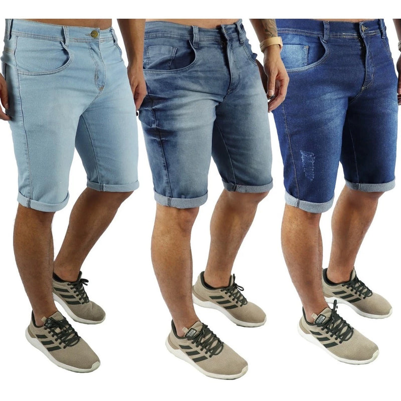 Kit 3 Bermudas Masculina Jeans Elastano Modelos Sortidos Promoção Com Lycra