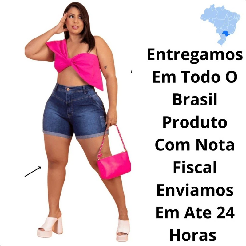 Short Jeans Plus Size Feminino Cintura Alta Levanta Bumbum Com Lycra