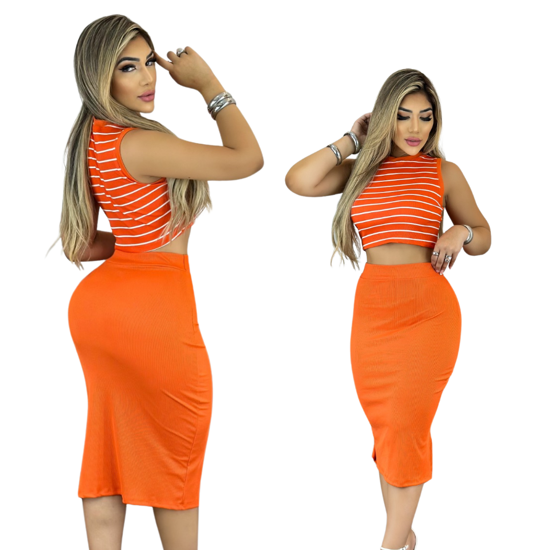 Conjunto Feminino Saia mais Blusinha Laranja