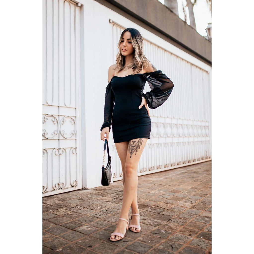 Blogueirinha Suplex Long Sleeve Tube Short Dress in Tulle - Black