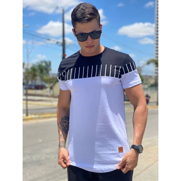 Camisa Longline masculina oversized Premium em algodão fio 30.1 penteado, camiseta Longline listra.