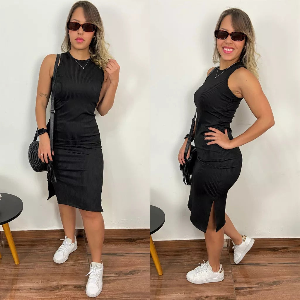 Vestido MIDI Regata com Fenda Lateral Canelado Feminino do P ao GG