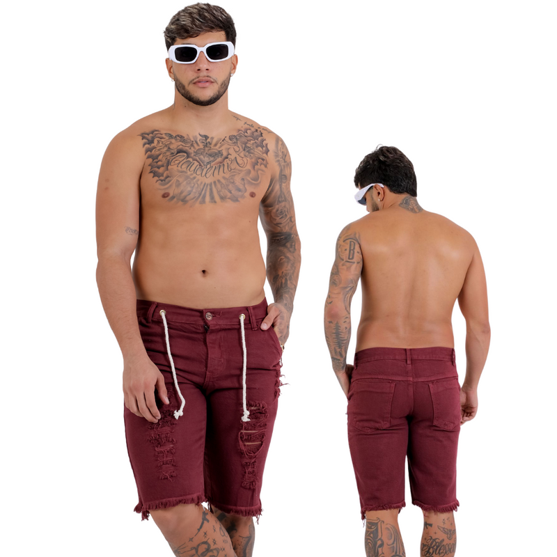 Short Jeans Masculino Rasgado Vermelho