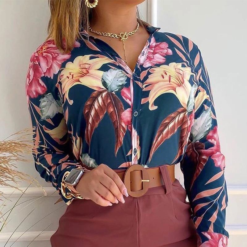 Women's Printed Long Sleeve V-Neck Blouse