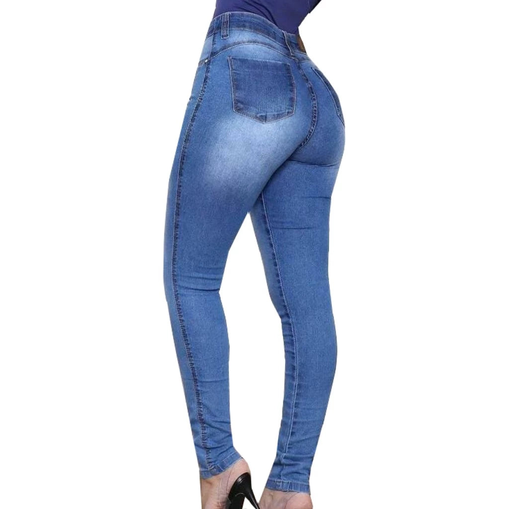 Kit 2 Calças Cós Alto Jeans Feminino Com Elastano Até o Umbigo Skinny Veste bem Modelagem Levanta Bumbum