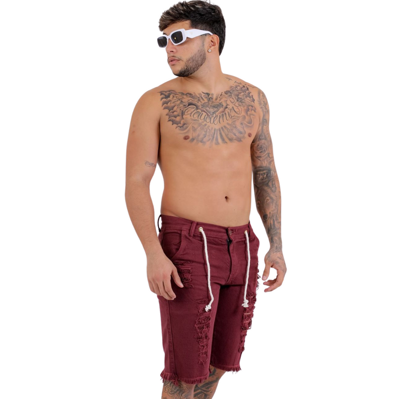 Short Jeans Masculino Rasgado Vermelho