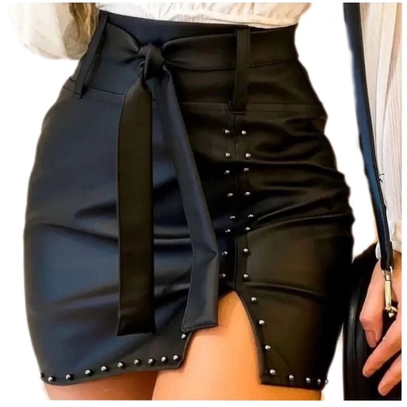 Women's Leather Skirt Side Slit High Waist Skirt