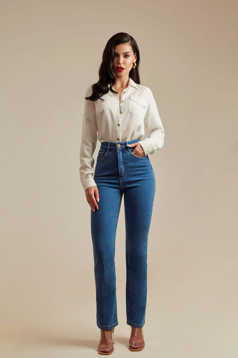 Calça Jeans Modeladora Reta Clássica Cós Super Alto