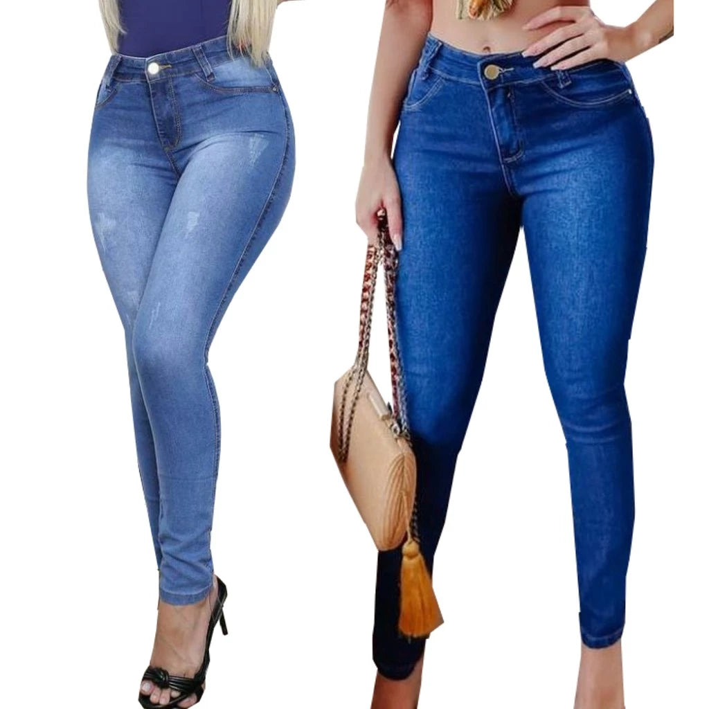 Kit 2 Calças Cós Alto Jeans Feminino Com Elastano Até o Umbigo Skinny Veste bem Modelagem Levanta Bumbum