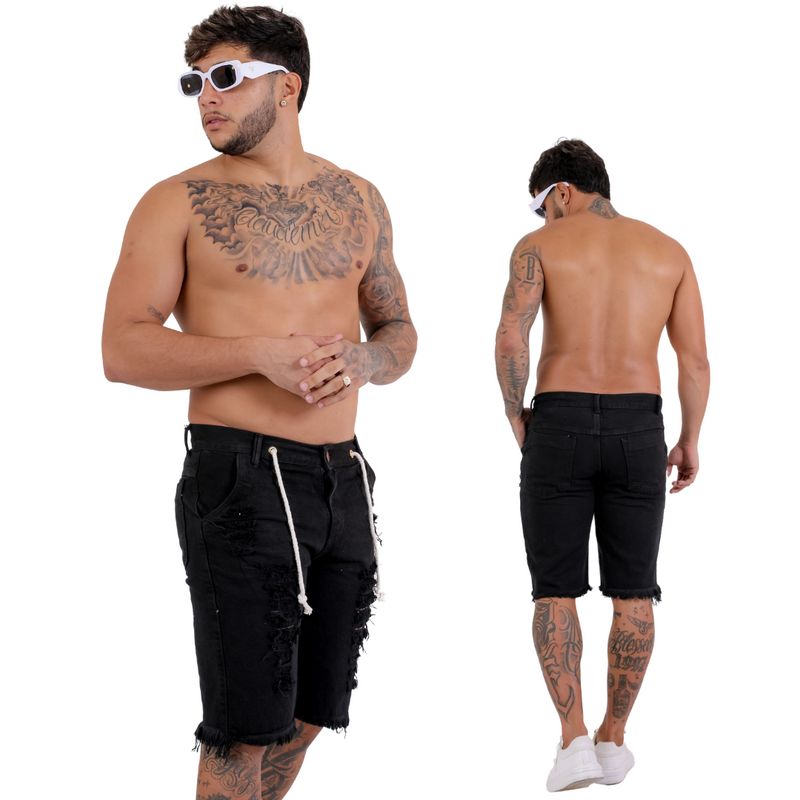 Short Jeans Masculino Rasgado Preto