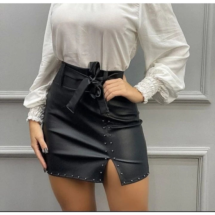 Women's Leather Skirt Side Slit High Waist Skirt