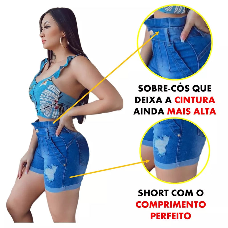 Short Bermuda Jeans Feminino Cinturex e Barra Dobrada Cintura alta com lycra e levanta bumbum, Material Premium