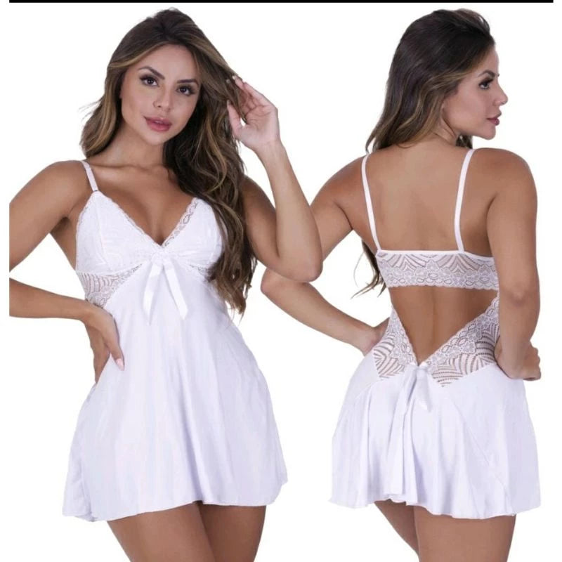 Camisola Sexy Sem Bojo Renda Com Calcinha Regulável- Costas Aberta Sensual