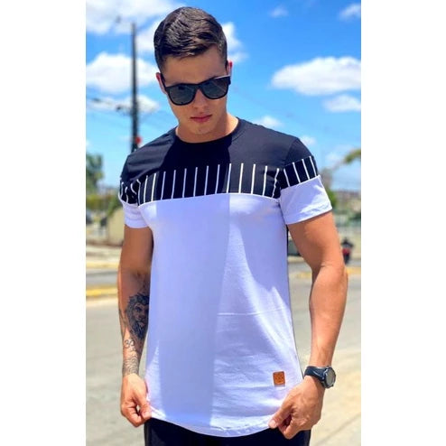 Camisa Longline masculina oversized Premium em algodão fio 30.1 penteado, camiseta Longline listra.