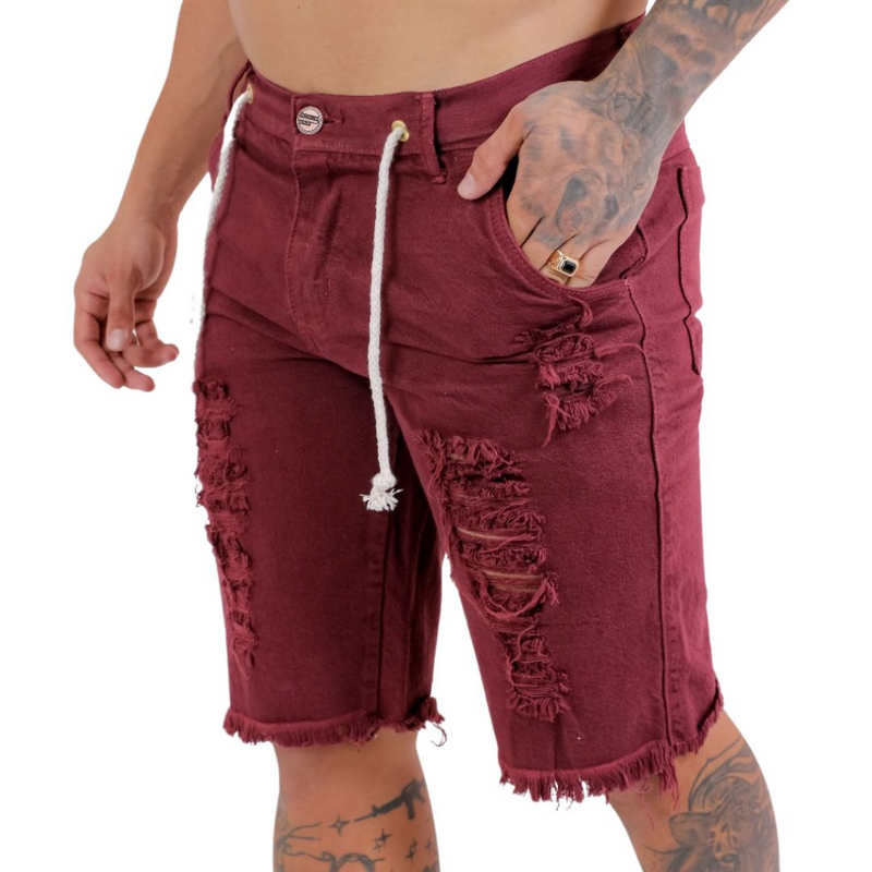 Short Jeans Masculino Rasgado Vermelho