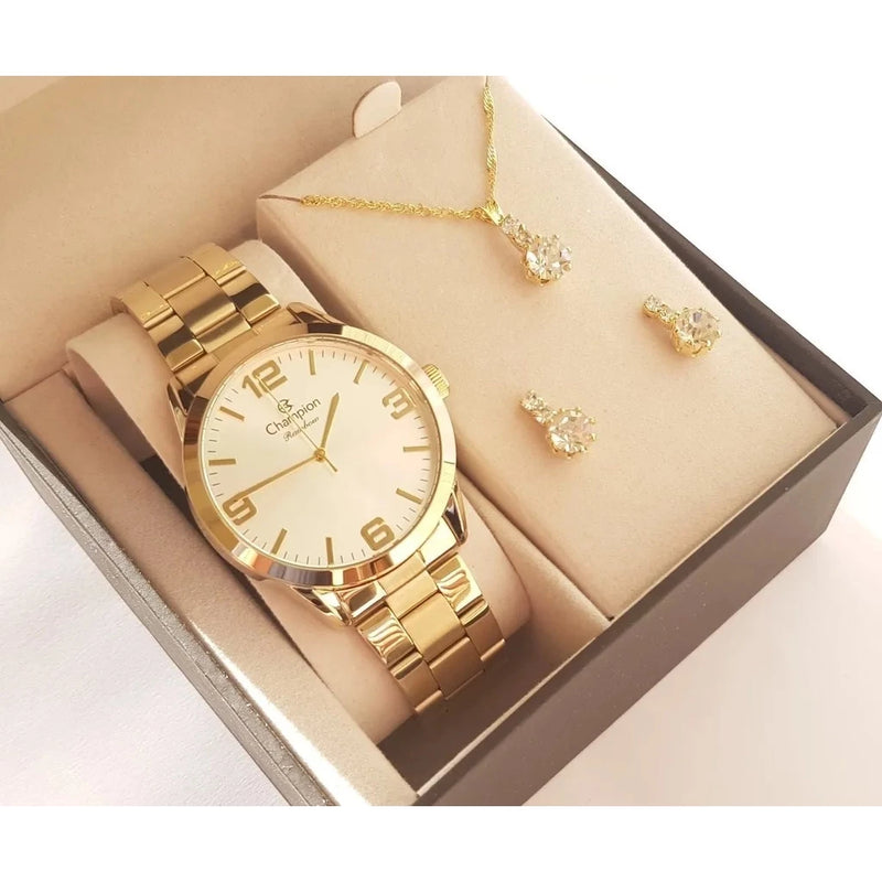 Champion Women's Gold Waterproof Watch + Earrings and Necklace Kit One Year Warranty