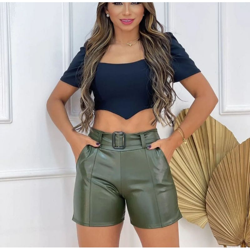 Shorts Courino Cirrê Couro Fake P ao GG 34 ao 46 Moda Verão