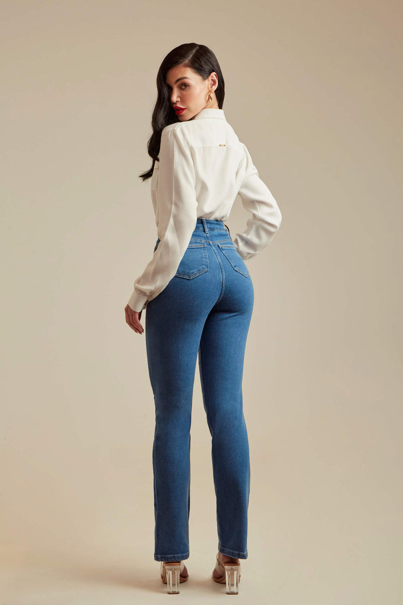 Calça Jeans Modeladora Reta Clássica Cós Super Alto