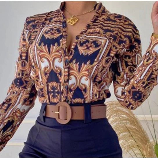 Blusa Feminina Estampada De Manga Comprida Com Decote Em V E