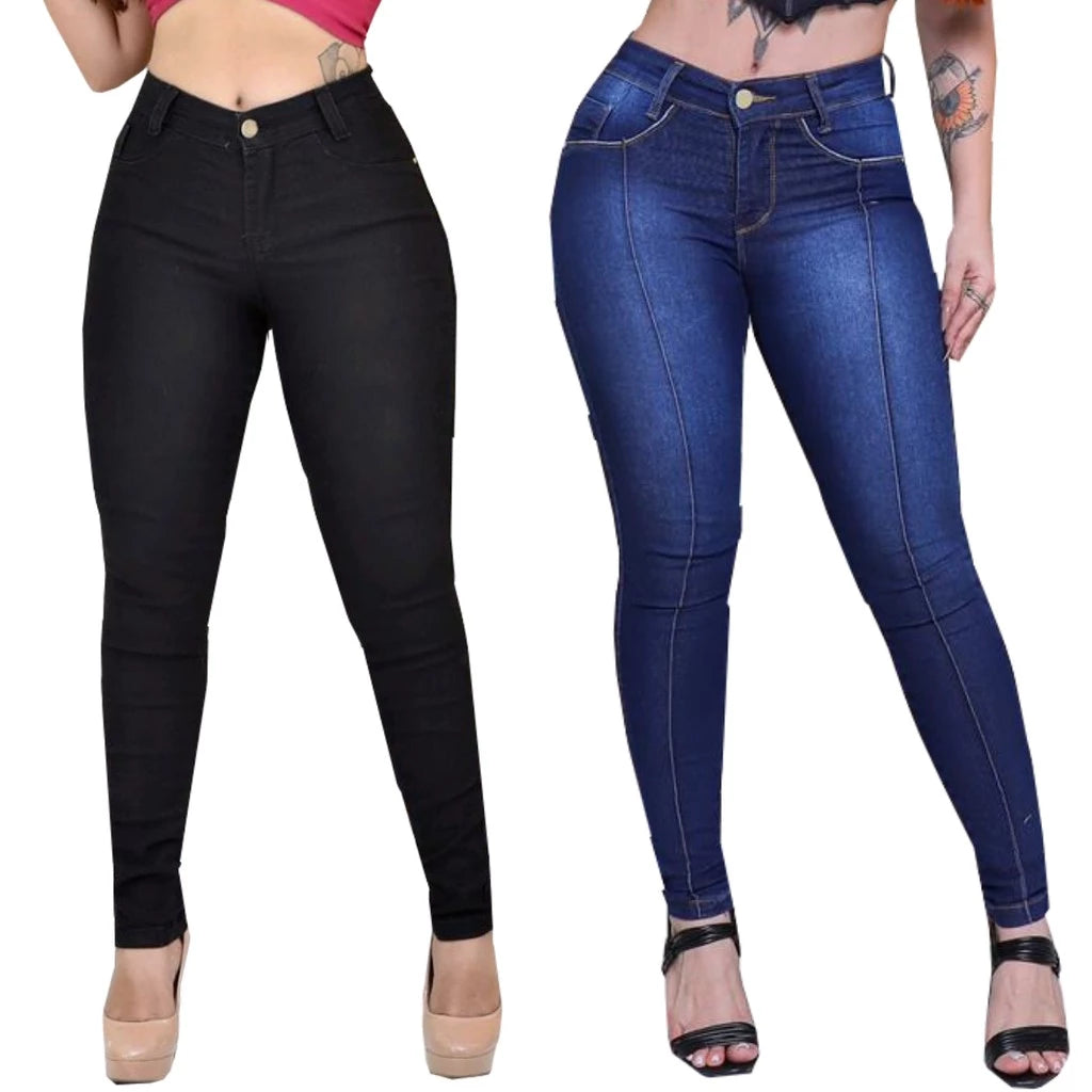 Kit 2 Calças Cós Alto Jeans Feminino Com Elastano Até o Umbigo Skinny Veste bem Modelagem Levanta Bumbum