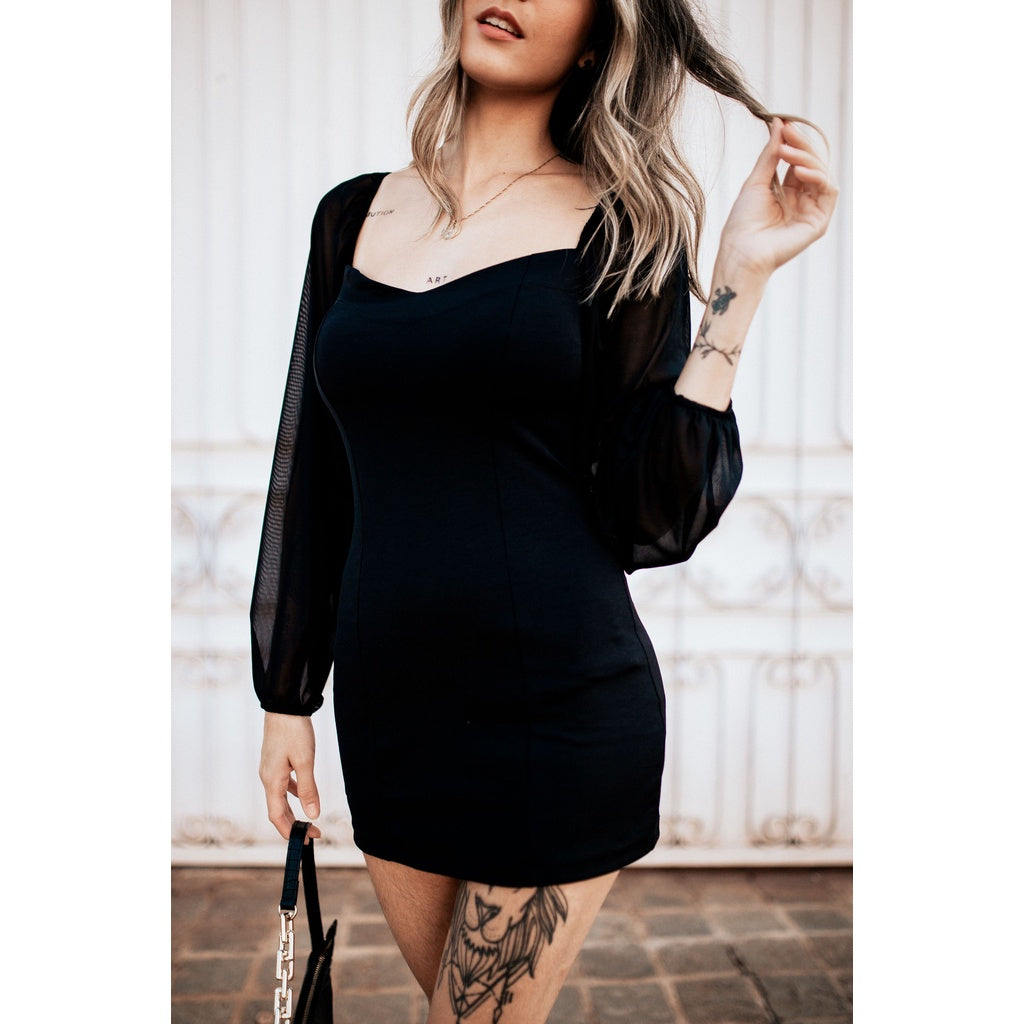 Blogueirinha Suplex Long Sleeve Tube Short Dress in Tulle - Black