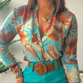 Women's Printed Long Sleeve V-Neck Blouse