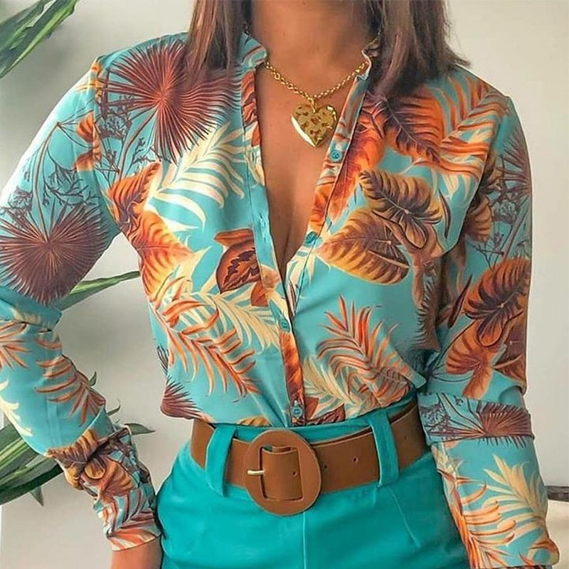 Women's Printed Long Sleeve V-Neck Blouse