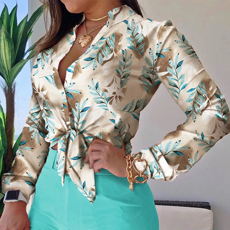 Women's Printed Long Sleeve V-Neck Blouse