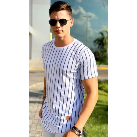 Camisa masculina Longline listrada, camiseta oversized em listra, blusa quadriculada, camiseta