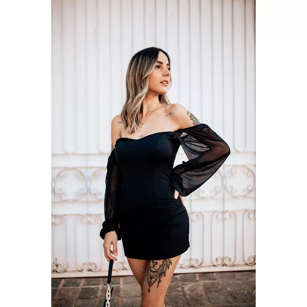 Blogueirinha Suplex Long Sleeve Tube Short Dress in Tulle - Black