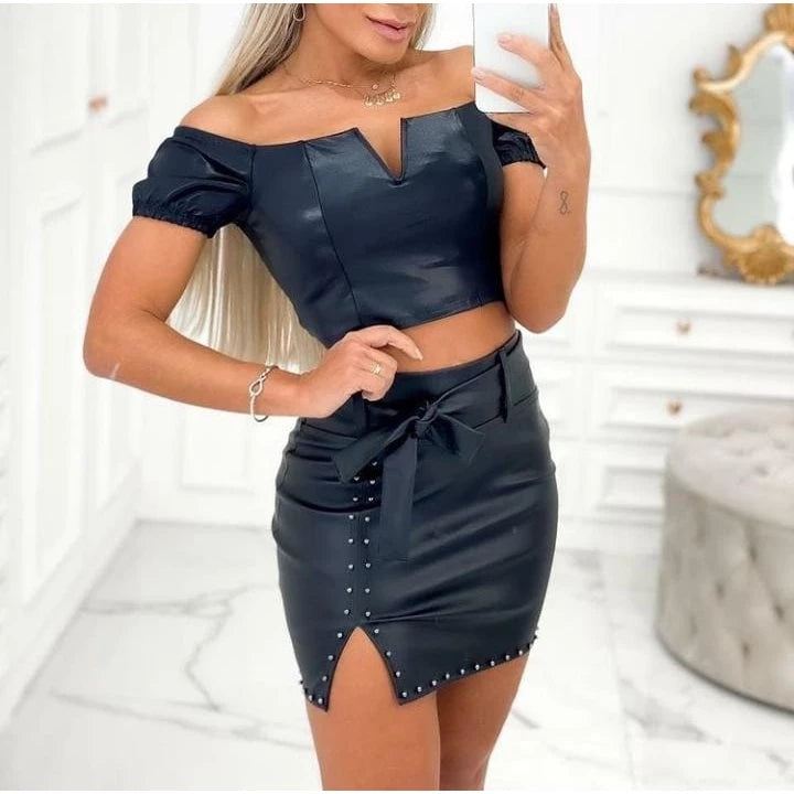 Women's Leather Skirt Side Slit High Waist Skirt