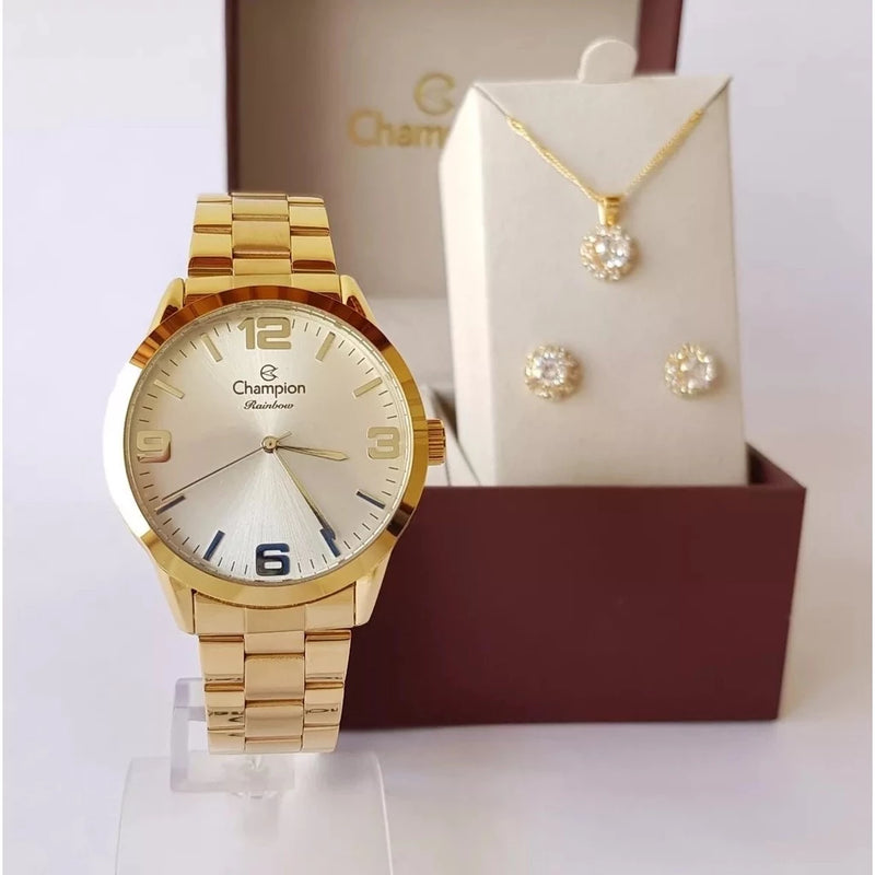 Champion Women's Gold Waterproof Watch + Earrings and Necklace Kit One Year Warranty